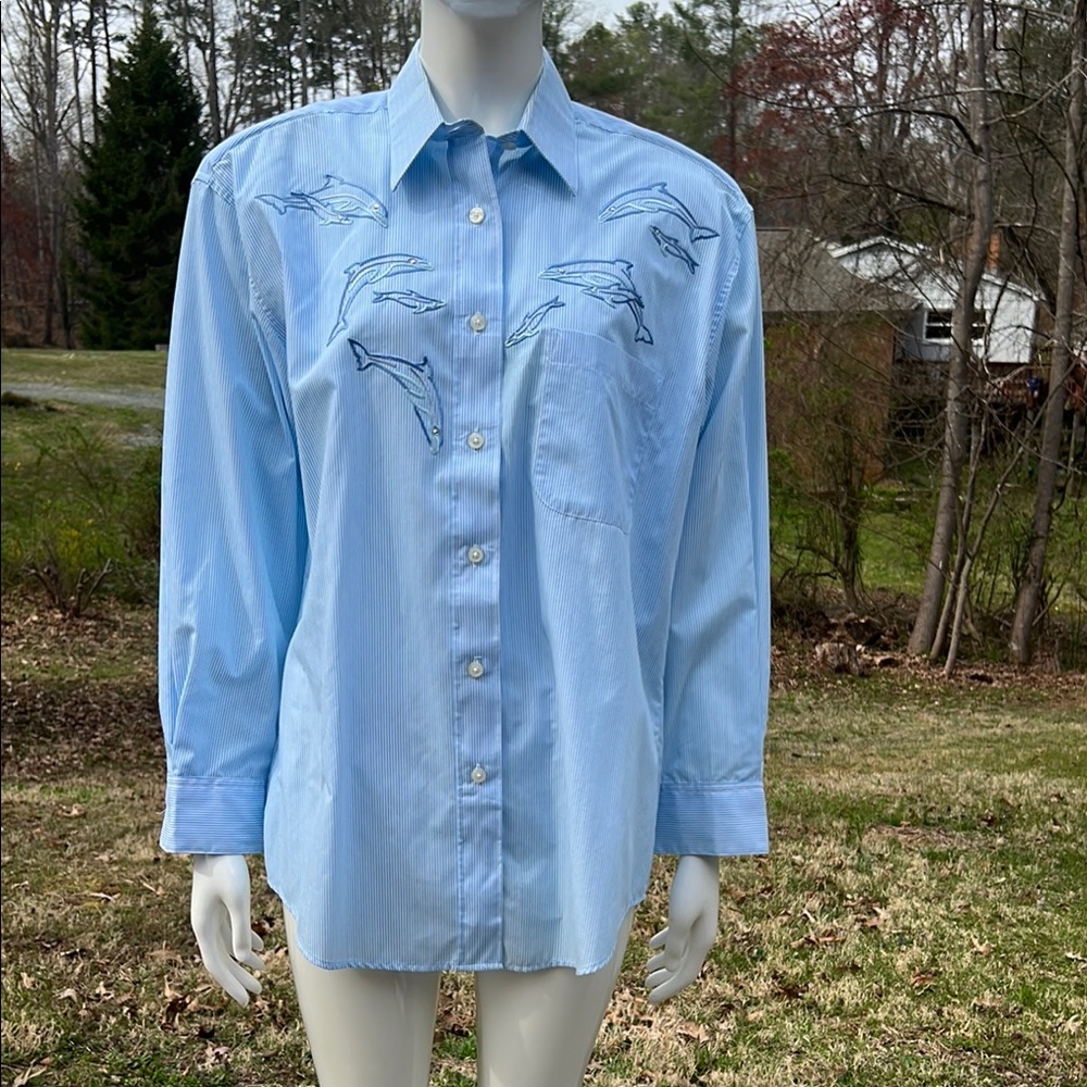 VGUC Blue Button Down Shirt with Embroidered Dolphins